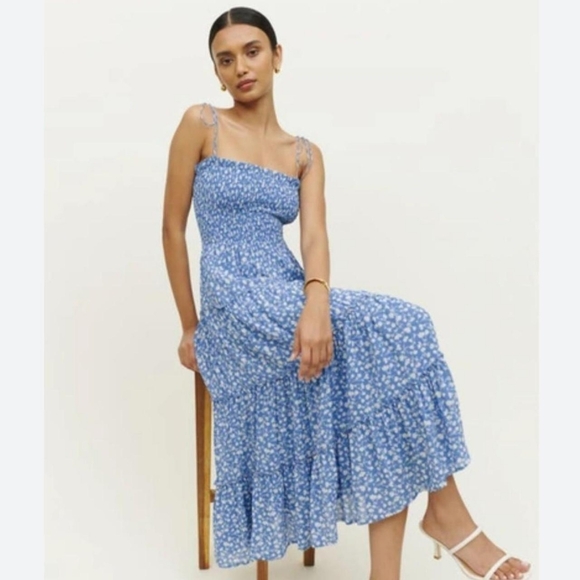 Reformation Dresses & Skirts - Reformation Nira Smock Dress Strapless Midi Maxi Blue Floral XS